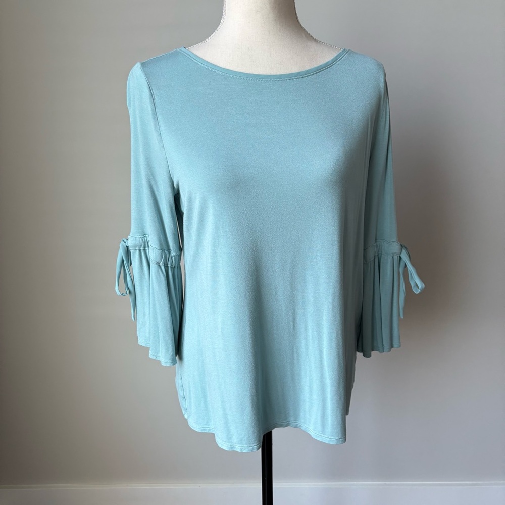White House Black Market Aqua Blouse with Tie Bell Sleeves